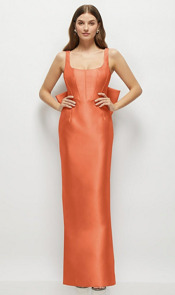 Back View - Portofino Orange Scoop Neck Corset Satin Maxi Dress with Floor-Length Bow Tails