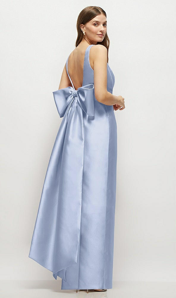 Front View - Sky Blue Scoop Neck Corset Satin Maxi Dress with Floor-Length Bow Tails