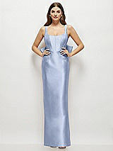 Rear View Thumbnail - Sky Blue Scoop Neck Corset Satin Maxi Dress with Floor-Length Bow Tails