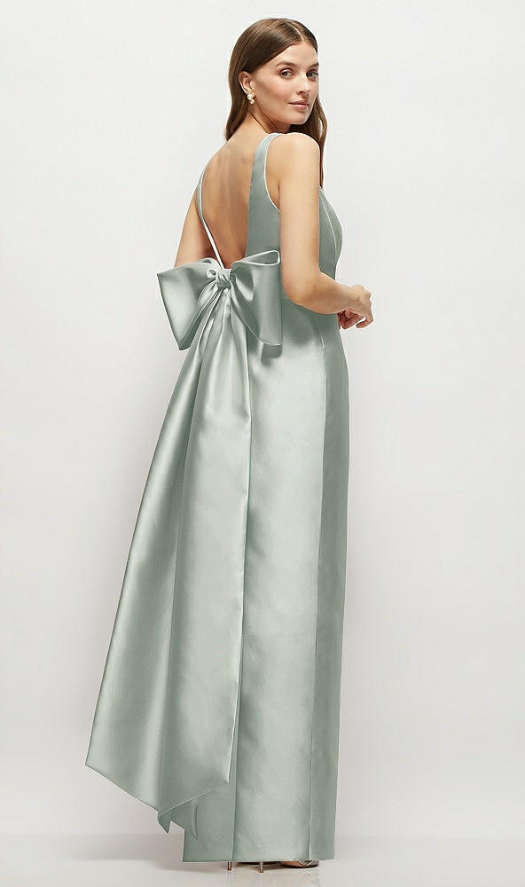 Front View - Willow Green Scoop Neck Corset Satin Maxi Dress with Floor-Length Bow Tails