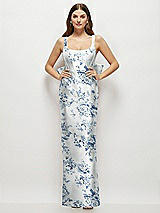 Front View Thumbnail - Cottage Rose Larkspur Floral Scoop Neck Corset Satin Maxi Dress with Floor-Length Bow Tails