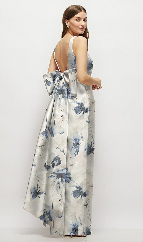 Back View - Inkwash Blue Floral Floral Scoop Neck Corset Satin Maxi Dress with Floor-Length Bow Tails