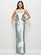 Front View Thumbnail - Porcelain Blue Seraphina Floral Floral Scoop Neck Corset Satin Maxi Dress with Floor-Length Bow Tails