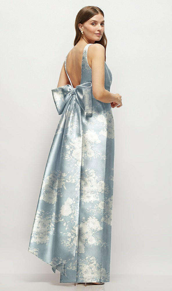 Back View - Porcelain Blue Seraphina Floral Floral Scoop Neck Corset Satin Maxi Dress with Floor-Length Bow Tails