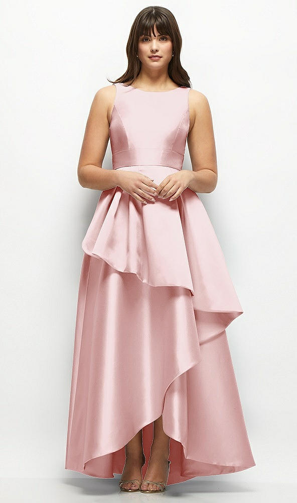 Front View - Ballet Pink Satin Maxi Dress with Asymmetrical Layered Ballgown Skirt