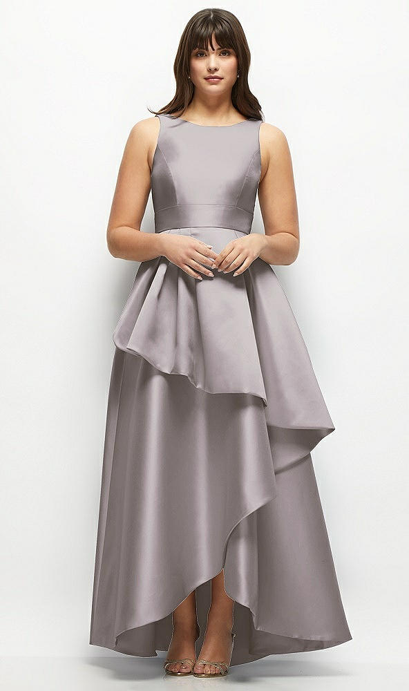 Front View - Cashmere Gray Satin Maxi Dress with Asymmetrical Layered Ballgown Skirt