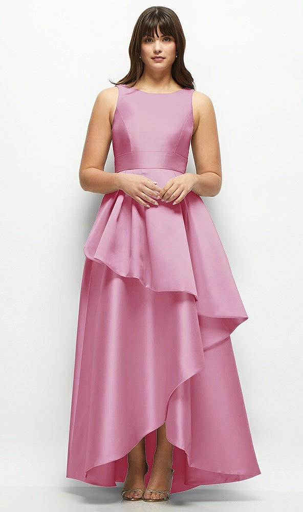 Front View - Powder Pink Satin Maxi Dress with Asymmetrical Layered Ballgown Skirt