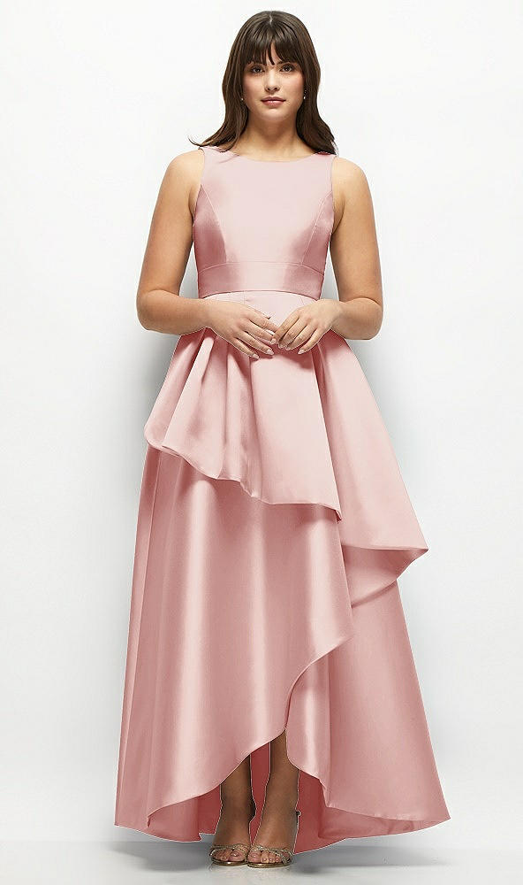 Front View - Rose Satin Maxi Dress with Asymmetrical Layered Ballgown Skirt