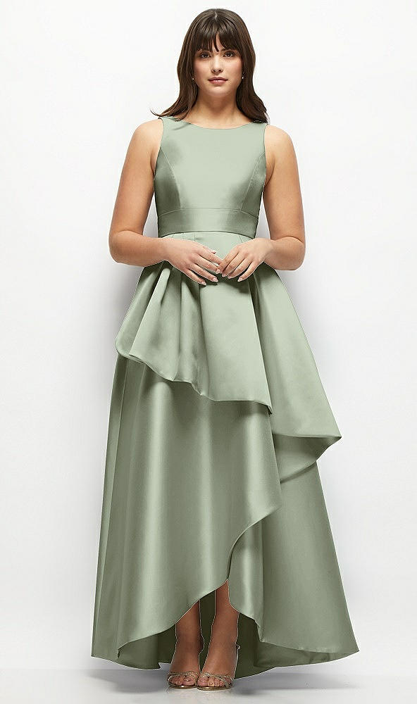 Front View - Sage Satin Maxi Dress with Asymmetrical Layered Ballgown Skirt
