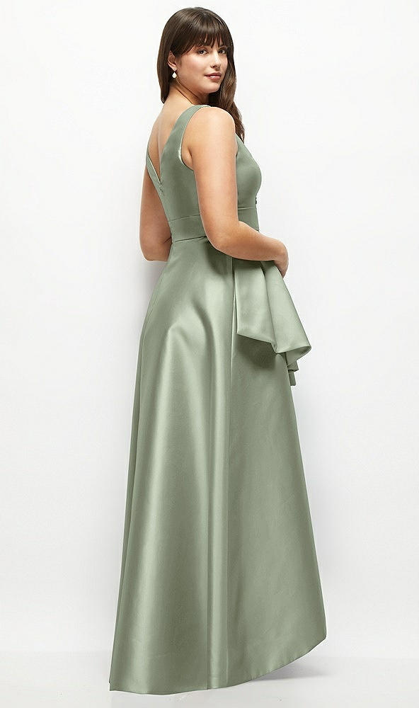 Back View - Sage Satin Maxi Dress with Asymmetrical Layered Ballgown Skirt