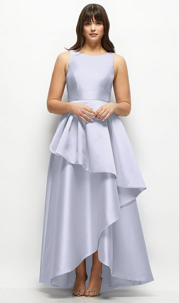Front View - Silver Dove Satin Maxi Dress with Asymmetrical Layered Ballgown Skirt