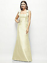 Front View Thumbnail - Butter Yellow Satin Fit and Flare Maxi Dress with Shoulder Bows