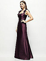 Side View Thumbnail - Deep Plum Satin Fit and Flare Maxi Dress with Shoulder Bows