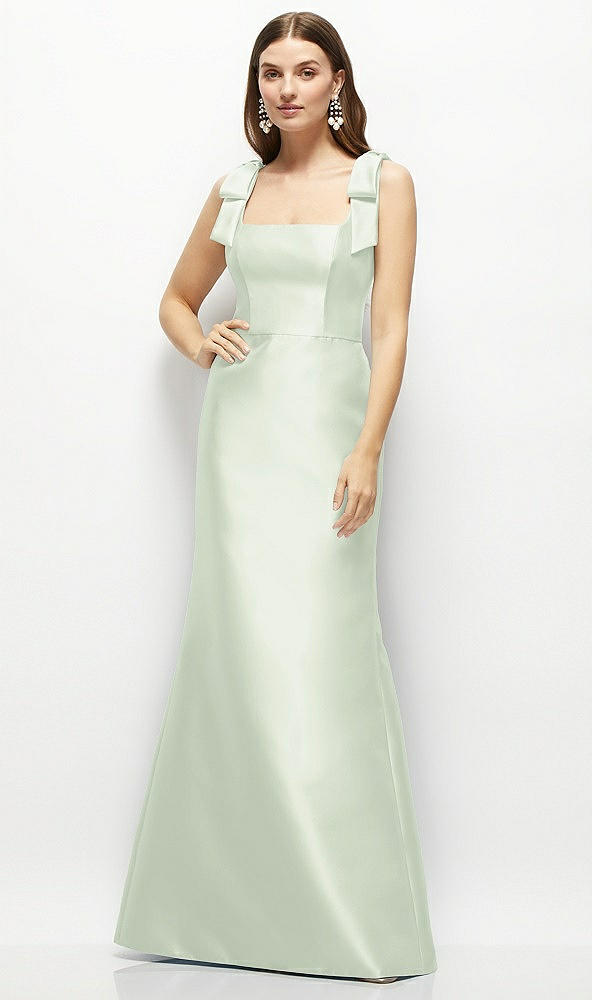 Front View - Mint Green Satin Fit and Flare Maxi Dress with Shoulder Bows