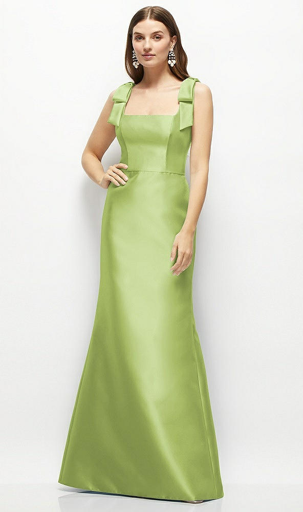 Front View - Mojito Satin Fit and Flare Maxi Dress with Shoulder Bows