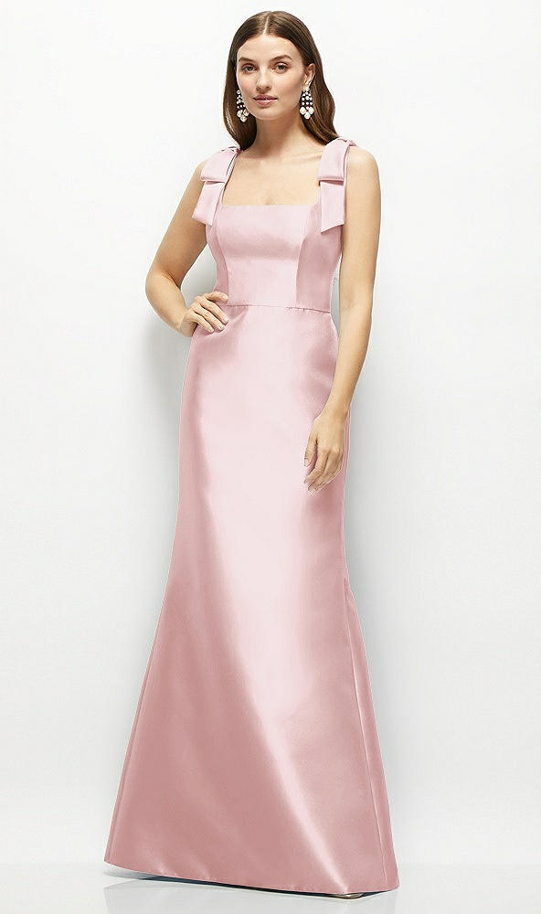 Front View - Ballet Pink Satin Fit and Flare Maxi Dress with Shoulder Bows