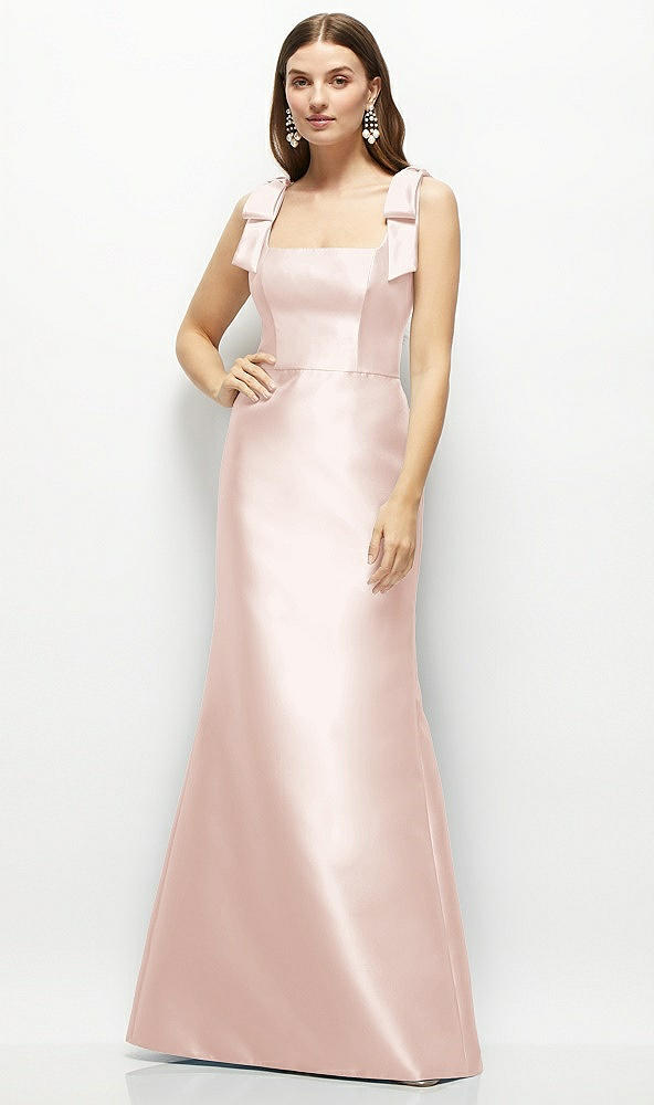 Front View - Blush Satin Fit and Flare Maxi Dress with Shoulder Bows