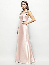 Side View Thumbnail - Blush Satin Fit and Flare Maxi Dress with Shoulder Bows