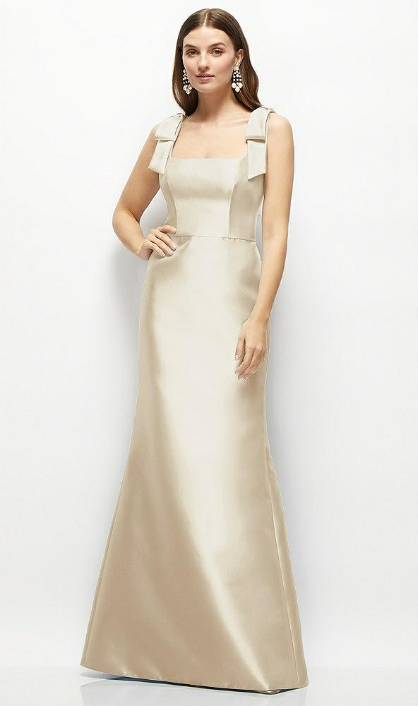 Front View - Champagne Satin Fit and Flare Maxi Dress with Shoulder Bows