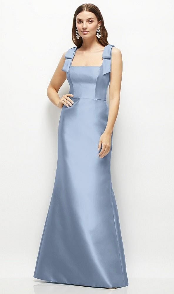 Front View - Cloudy Satin Fit and Flare Maxi Dress with Shoulder Bows