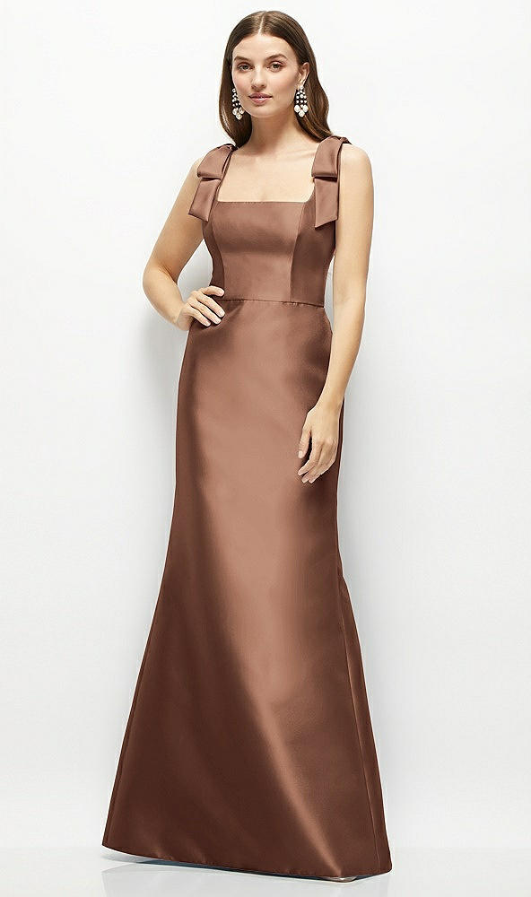 Front View - Cognac Satin Fit and Flare Maxi Dress with Shoulder Bows