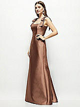 Side View Thumbnail - Cognac Satin Fit and Flare Maxi Dress with Shoulder Bows