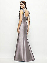 Rear View Thumbnail - Cashmere Gray Satin Fit and Flare Maxi Dress with Shoulder Bows