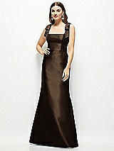 Front View Thumbnail - Espresso Satin Fit and Flare Maxi Dress with Shoulder Bows