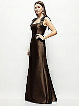 Side View Thumbnail - Espresso Satin Fit and Flare Maxi Dress with Shoulder Bows