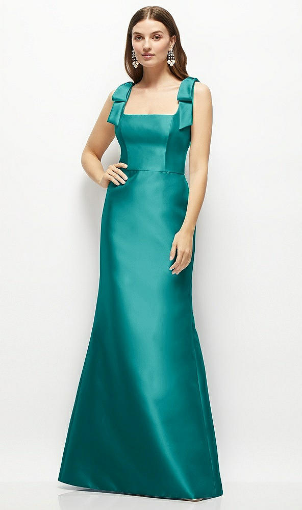 Front View - Jade Satin Fit and Flare Maxi Dress with Shoulder Bows