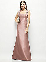 Front View Thumbnail - Neu Nude Satin Fit and Flare Maxi Dress with Shoulder Bows
