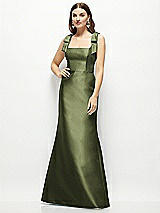 Front View Thumbnail - Olive Green Satin Fit and Flare Maxi Dress with Shoulder Bows