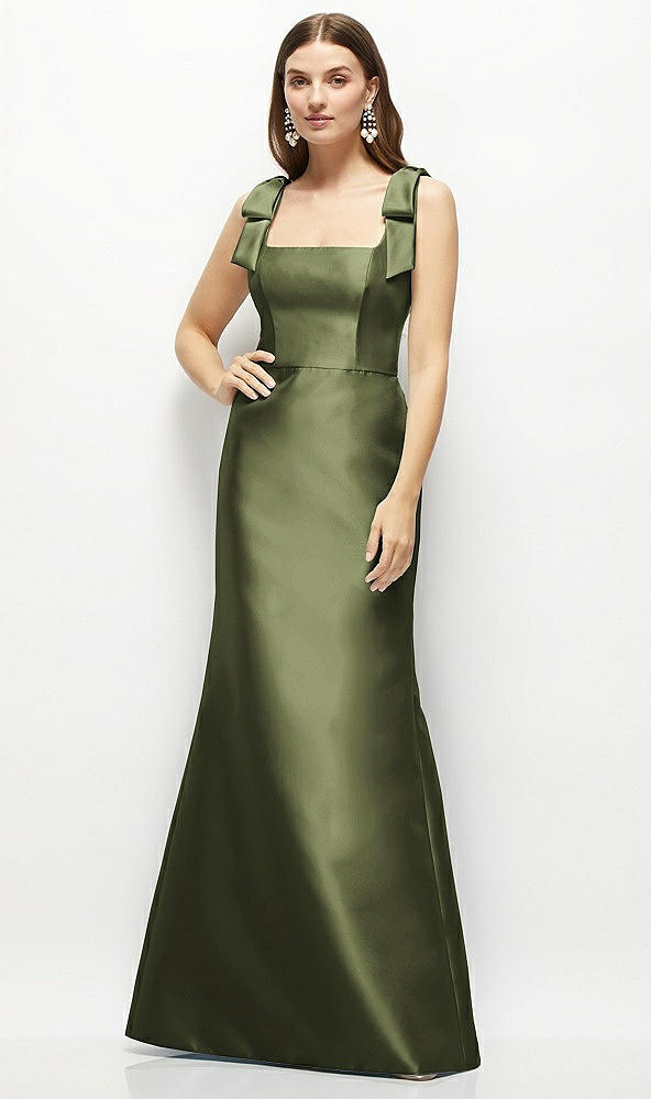 Front View - Olive Green Satin Fit and Flare Maxi Dress with Shoulder Bows