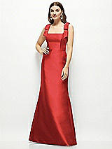 Front View Thumbnail - Poppy Red Satin Fit and Flare Maxi Dress with Shoulder Bows