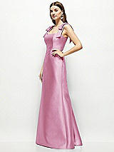 Side View Thumbnail - Powder Pink Satin Fit and Flare Maxi Dress with Shoulder Bows
