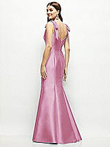 Rear View Thumbnail - Powder Pink Satin Fit and Flare Maxi Dress with Shoulder Bows