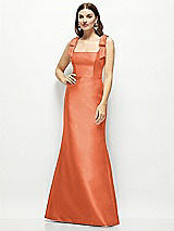 Front View Thumbnail - Portofino Orange Satin Fit and Flare Maxi Dress with Shoulder Bows