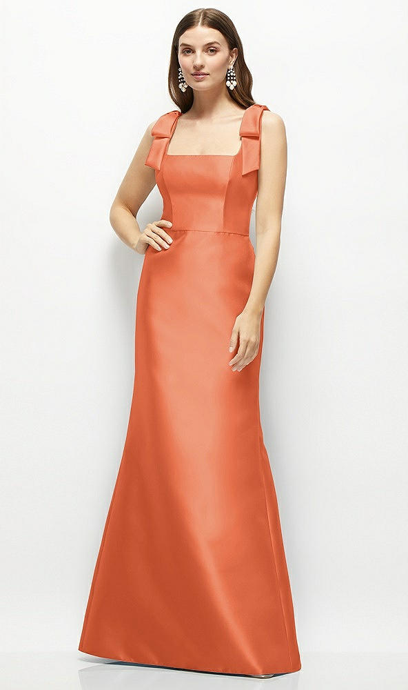 Front View - Portofino Orange Satin Fit and Flare Maxi Dress with Shoulder Bows