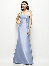 Front View Thumbnail - Sky Blue Satin Fit and Flare Maxi Dress with Shoulder Bows