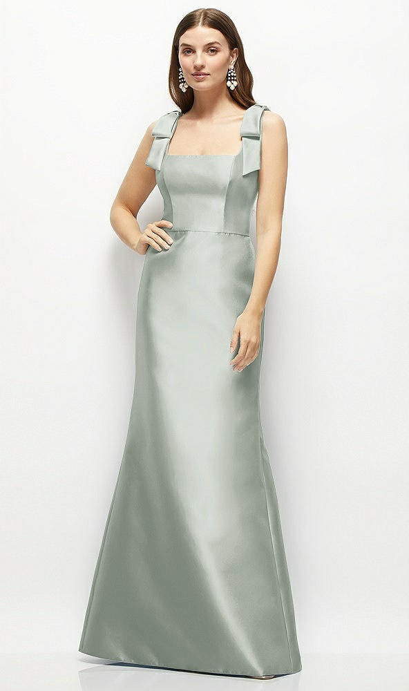 Front View - Willow Green Satin Fit and Flare Maxi Dress with Shoulder Bows