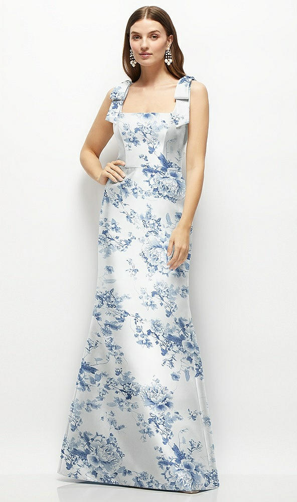 Front View - Cottage Rose Larkspur Floral Satin Fit and Flare Maxi Dress with Shoulder Bows