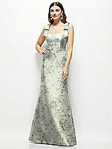 Front View Thumbnail - Sage Cottage Rose Floral Satin Fit and Flare Maxi Dress with Shoulder Bows