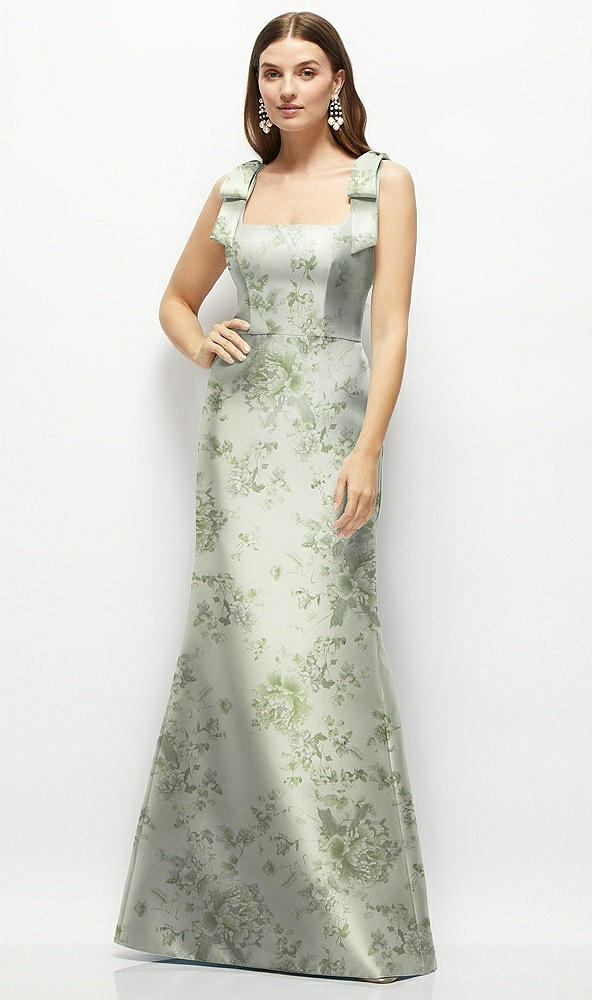 Front View - Sage Cottage Rose Floral Satin Fit and Flare Maxi Dress with Shoulder Bows