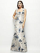 Front View Thumbnail - Inkwash Blue Floral Floral Satin Fit and Flare Maxi Dress with Shoulder Bows