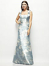 Front View Thumbnail - Porcelain Blue Seraphina Floral Floral Satin Fit and Flare Maxi Dress with Shoulder Bows