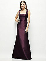 Front View Thumbnail - Deep Plum Satin Square Neck Fit and Flare Maxi Dress