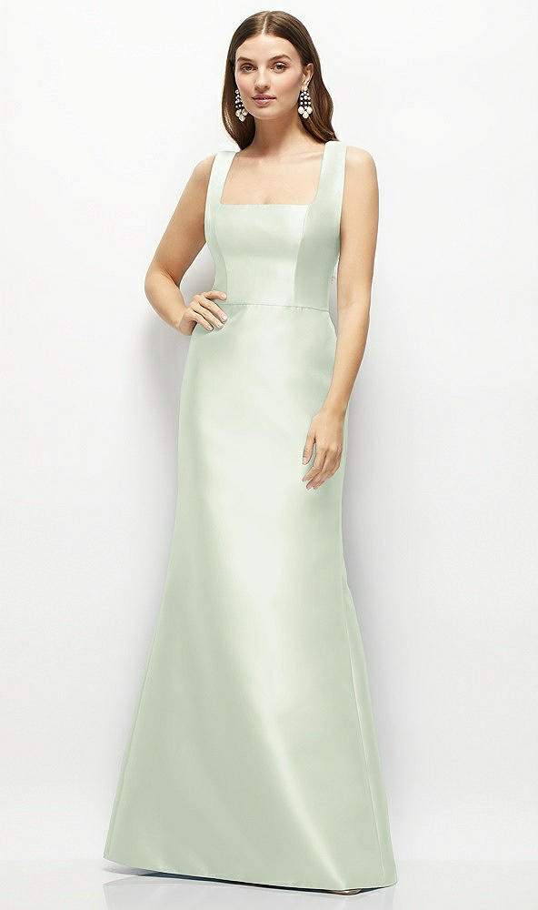 Front View - Mint Green Satin Square Neck Fit and Flare Maxi Dress