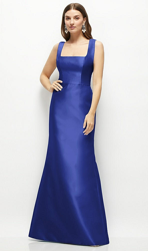 Front View - Cobalt Blue Satin Square Neck Fit and Flare Maxi Dress