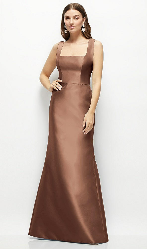 Front View - Cognac Satin Square Neck Fit and Flare Maxi Dress