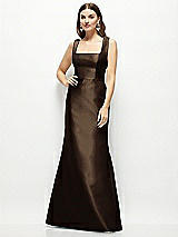 Front View Thumbnail - Espresso Satin Square Neck Fit and Flare Maxi Dress